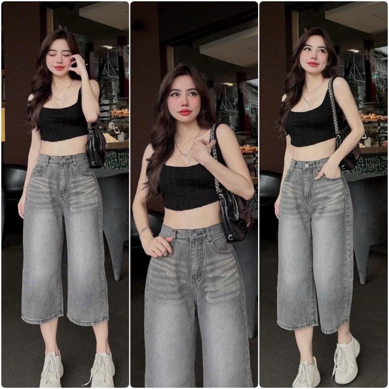 (SML lững dài 60cm) Quần Jeans Lững lưng cao ống rộng tông màu xám trắng chất jean cotton mềm nhẹ không giản mặc thoải mái. 9008