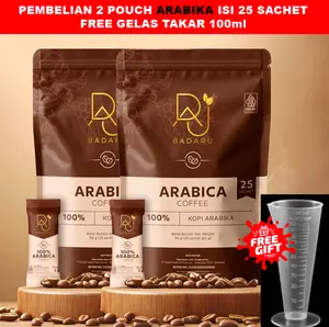 FREE GELAS UKUR, KOPI ARABIKA BADARU 2pouch (25sachet/pouch), espresso instant tanpa ampas 100% kopi arabika Coffee