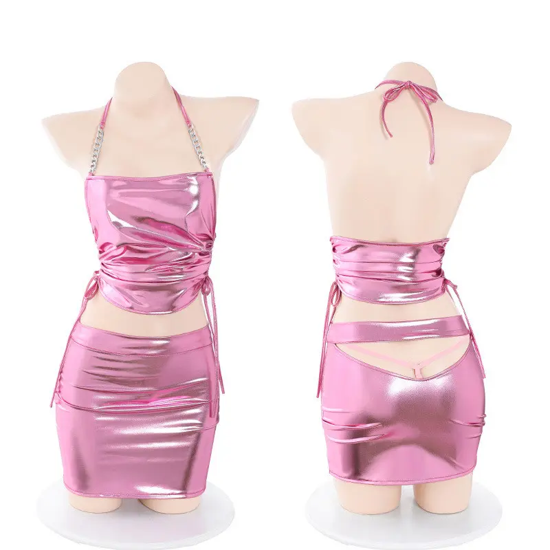 dress party 1set warna pink sexy rok wanita bodysuit