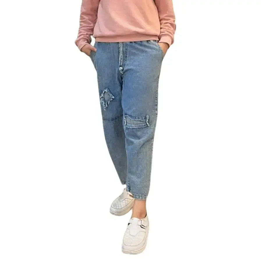 Celana Wanita Baggy Pant Sobek Jeans Tanggung Panjang Hitam Cewek Denim