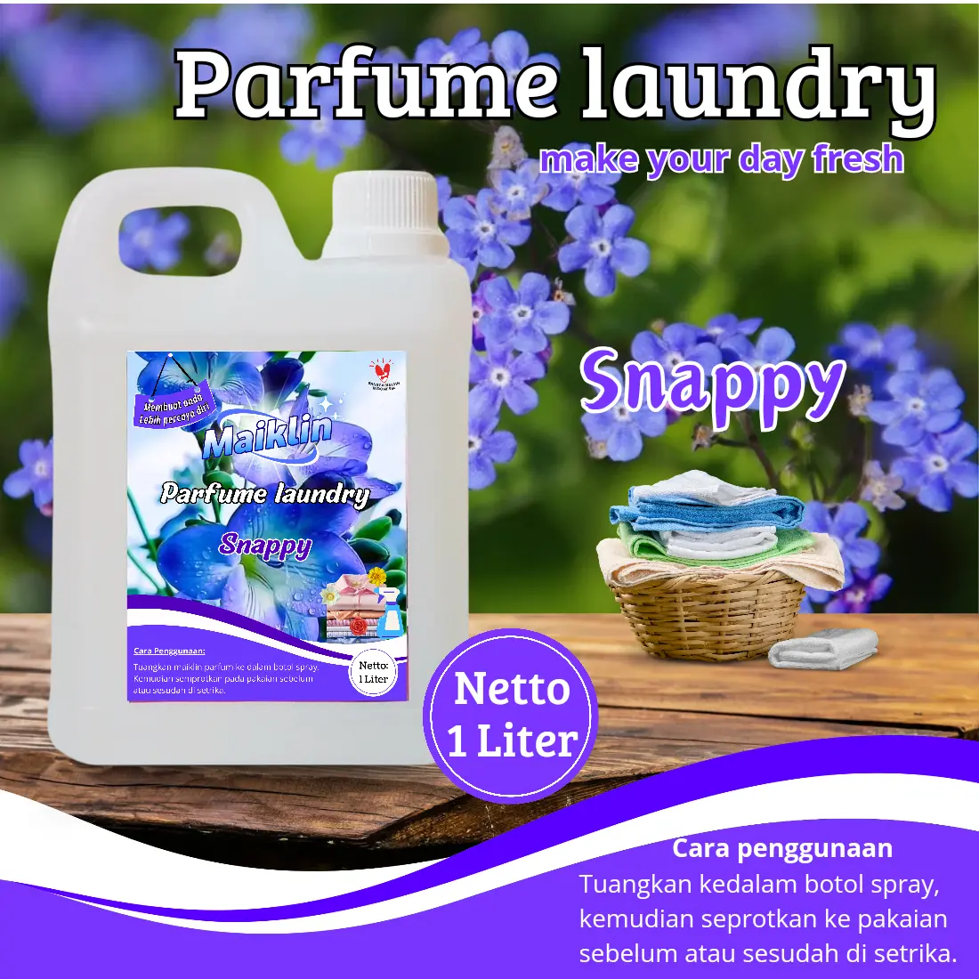 Parfum laundry tahan lama aroma snappy 1 liter - parfum laundry snappy - parfum laundry wangi tahan lama aroma snappy - pengharum pakaian premium wangi segar tahan lama