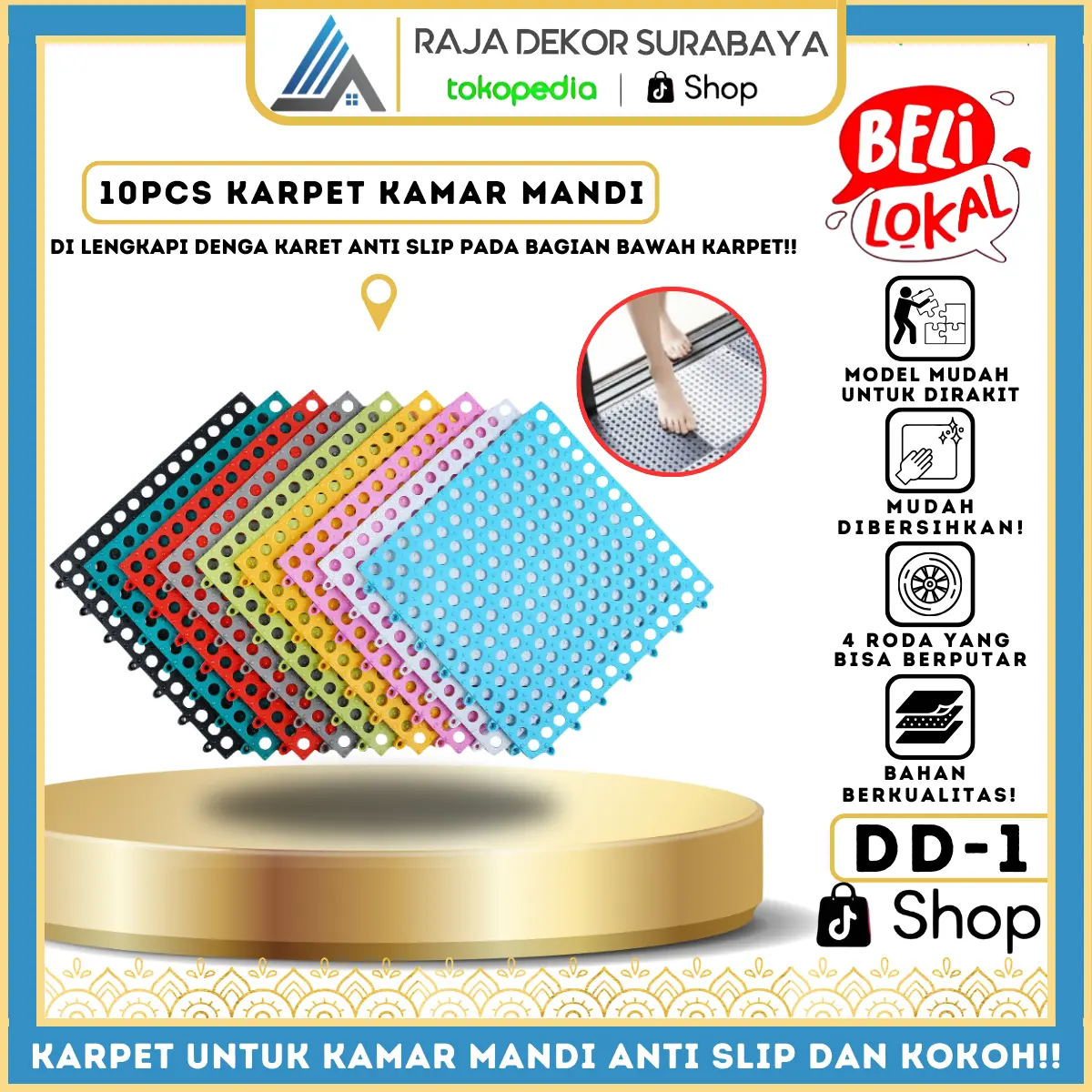 RajaDekor - PAKET 10 PCS Karpet Kamar Mandi DD-1 Anti Slip Polkadot Ukuran 30cm x 30cm Karpet Lantai Alas Kaki Kamar Mandi Anti Licin Bisa COD Keset