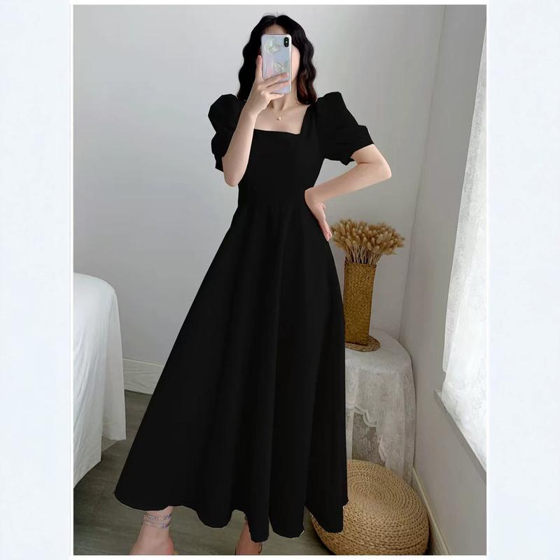 Có sẵn hàng, đầm nữ phong cách Hepburn năm 2026 cỡ lớn, bộ sưu tập mùa hè, tay phồng, trang phục nữ cỡ lớn, cổ vuông, thiết kế ôm eo tôn dáng, tạo hiệu ứng thon gọn, đầm dài đến gối thanh lịch