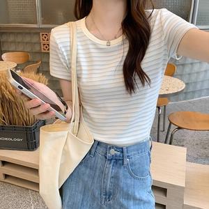 Women's Striped Short Sleeve T-Shirt Summer Casual Fashion Top, Comfortable & Stylish Design for Daily Wear, Perfect for Trendy 1301# office outfit women croptop clothing leotards bagong 2025 Crewneck Womenswear