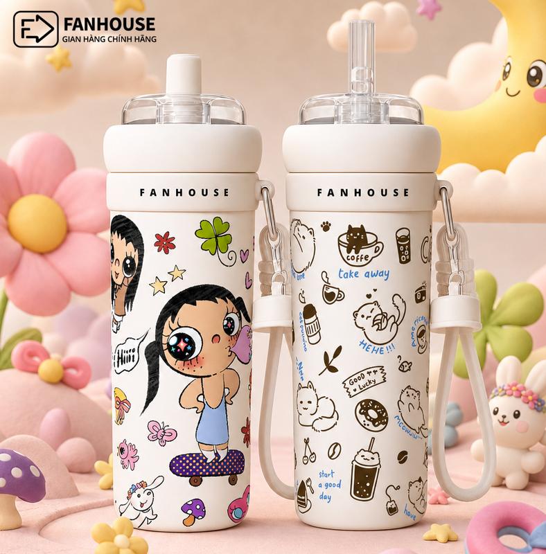 [Tặng Túi Canvas Khi Khắc Tên] Ly giữ nhiệt Milky Tea inox 316 Phủ Sứ dung tích 700ml, Fan House ly nước giữ nhiệt tặng charm giữ nút