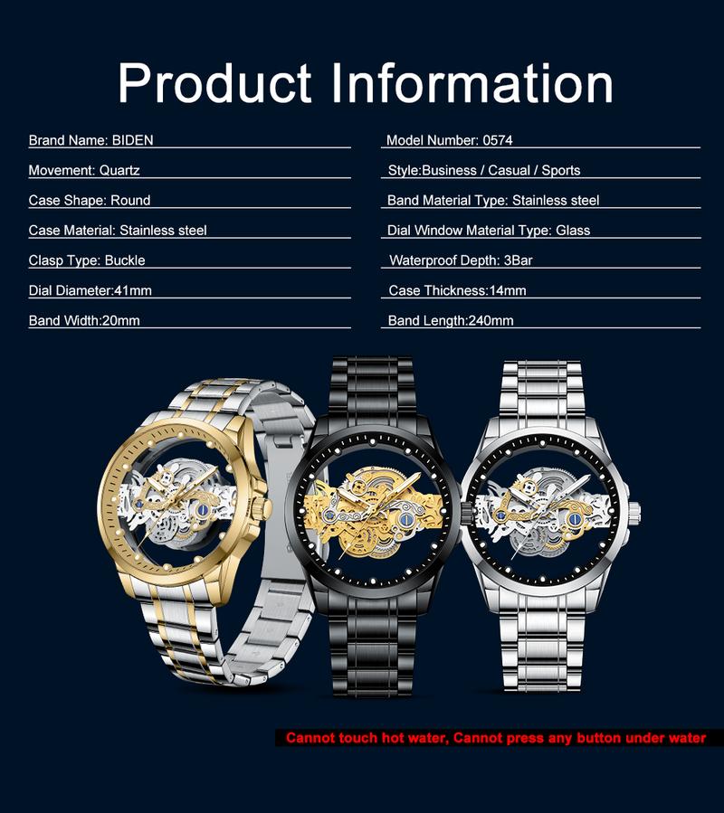 Product Introduction of 【003Harga telah diganti, cepat beli】BIDEN Jam Tangan Pria Anti Air Transparan Dial Cool Kuarsa Tali Stainless Steel Jam Tangan Cowok  YN0574 4