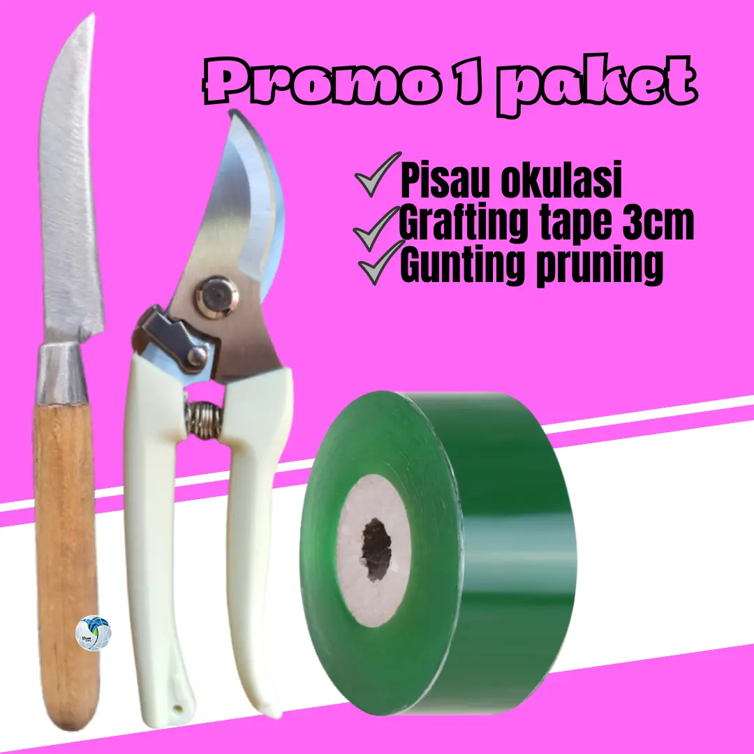 Pisau okulasi lokal gagang kayu/ grafting tape 3cm/ gunting dahan paket hemat 3 in 1