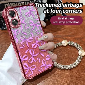 XWBDDFSK183 casing hp For OPPO A17 phone case soft antifall Beautiful pink bow tie with lanyard Electroplated shell antifall