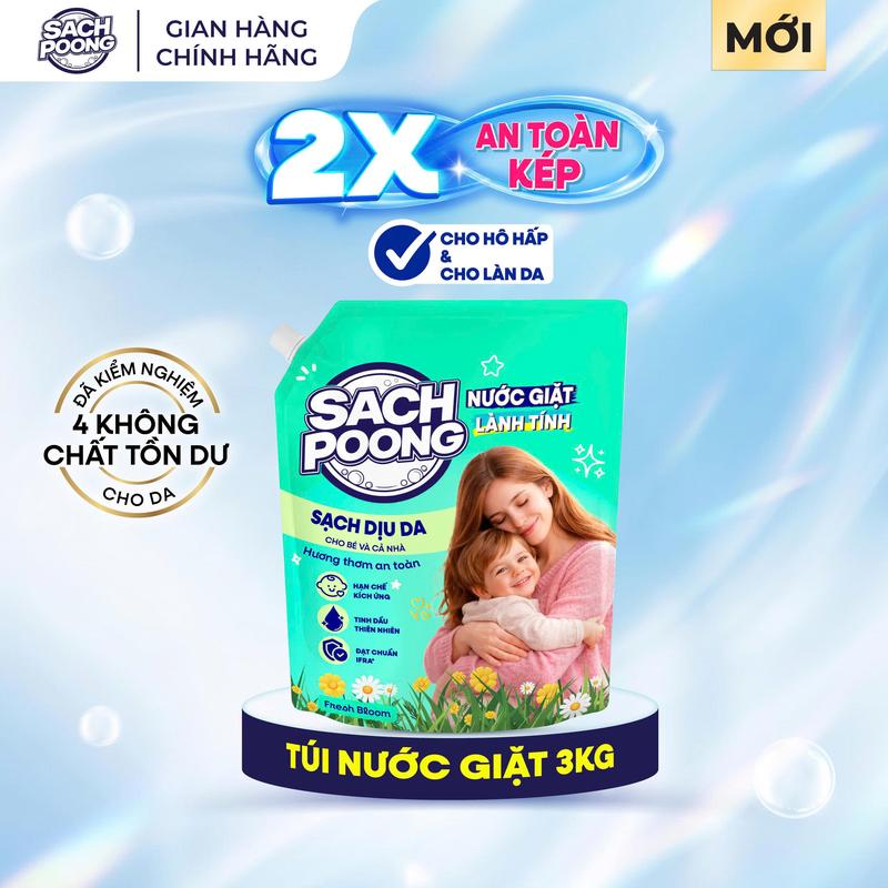 Nước Giặt Lành Tính Sach Poong 4 Không Hoá Chất Tồn Dư 1 túi 3KG