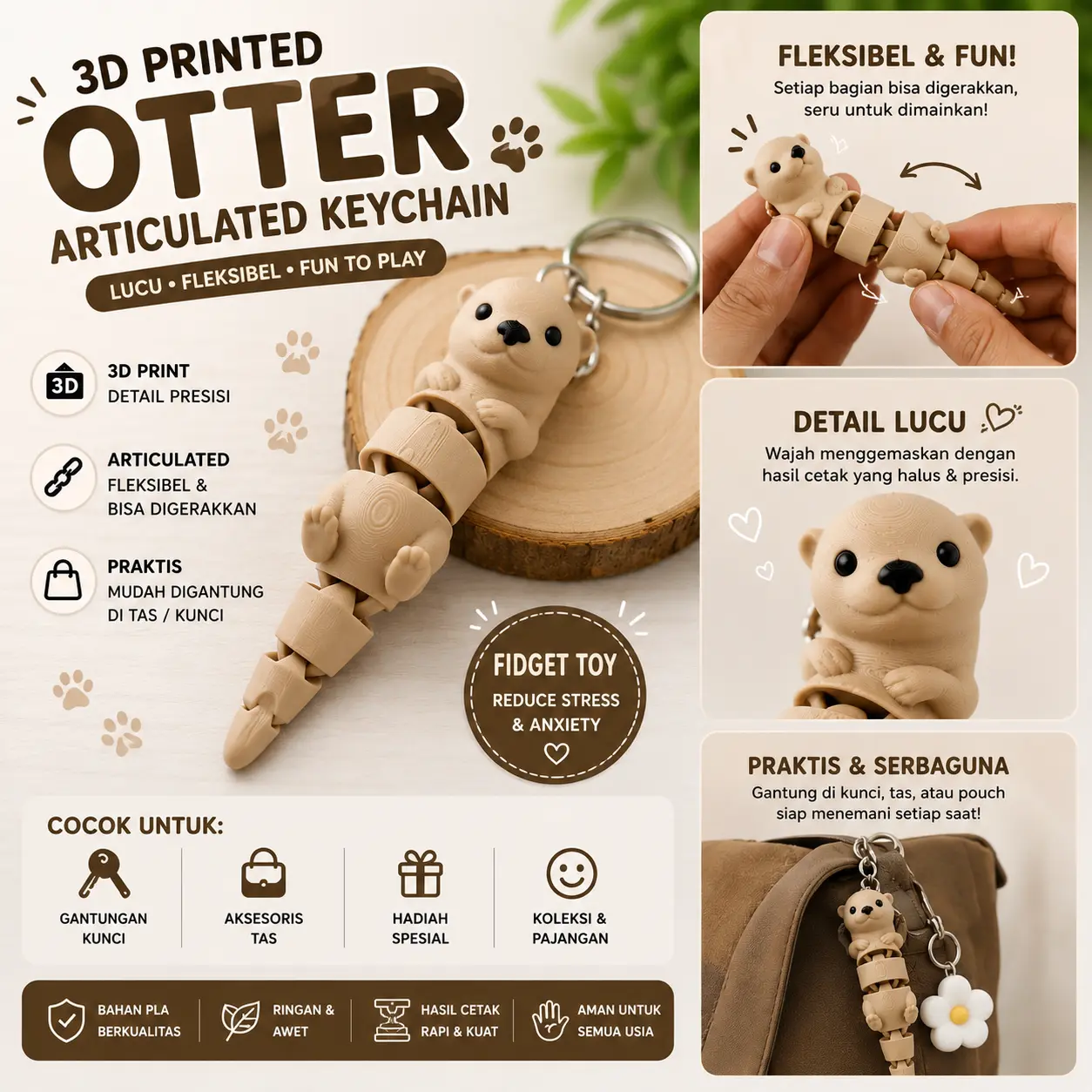 Gantungan Kunci Berang-Berang 3D Print Fleksibel Lucu - Articulated Otter Keychain | Gantungan Tas Unik Mainan Fidget ArticulatedFidget Toy Unik