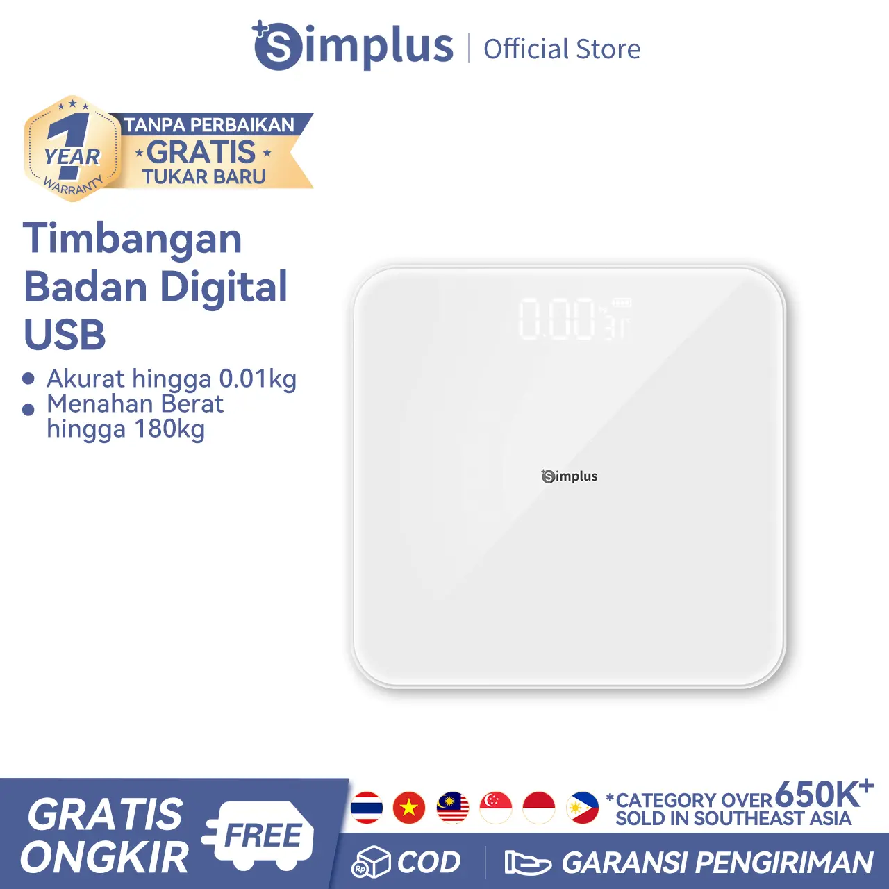 【SUPER PROMO】SIMPLUS Timbangan Berat Badan Elektronik Kecil Pengisian Daya USB Desain Elegan Modern Kaca Temper Kuat Kokoh Anti Slip TZCH002