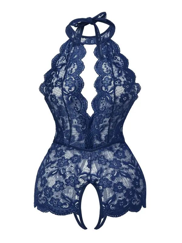Plus Size Plain Floral Lace Scallop Trim Halter Neck Backless Sheer Sexy Lingerie Bodysuit, Elegant Sexy Tie Back Bodysuit for All Seasons, Women's Plus Size Sexy Underwear 8