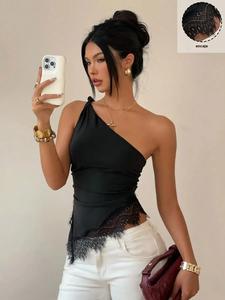 Top halter con ribete de encaje asimétrico, camisa sexy de un solo hombro y ajuste entallado, perfecto para citas, fiestas casuales, uso diario y capas en la oficina