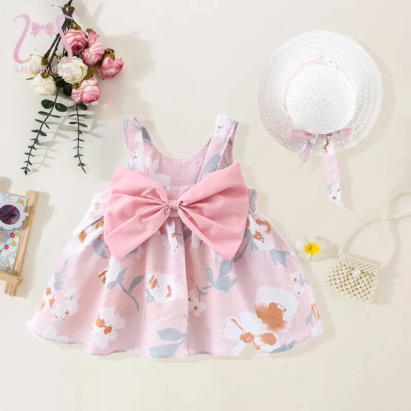 2Pcs/Set Baby Girls Summer Lovely Dresses Sweet Flowers Sleevele Children's Clothing Bowknot Kids Dress 0 To 3 Years Old Toddler