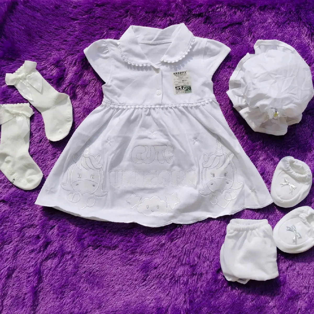 Dress 4in1 Bayi Perempuan/Dress bayi newborn/Baju aqiqah bayi perempuan/baby set/baby gift set/dress putih/dress kekinian/dress+celana+topi+sepatu/dress set bayi perempuan/0-12bulan/ Fashion/PURPLE BABY Parsel