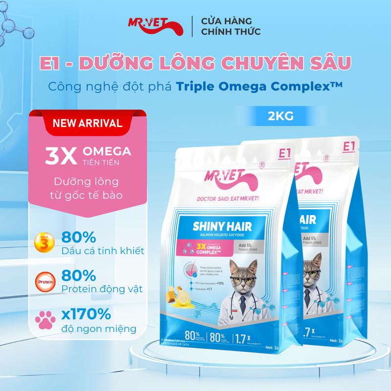   THỨC ĂN CHO MÈO  2 Túi hạt Holistic Mr.Vet Thế hệ E1 Dưỡng lông chuyên sâu Túi 1kg với 30% protein có topping sấy khô Gà & Dầu cá cho mèo con mèo trưởng thành 