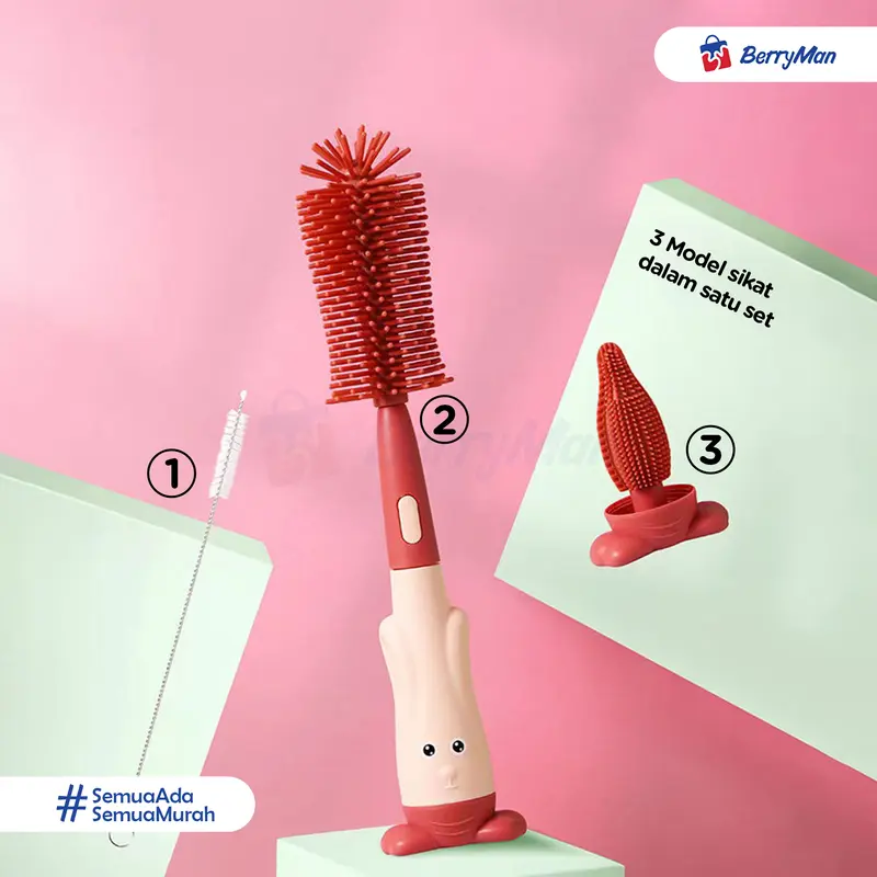 Sikat Pembersih Botol Susu Bayi Silikon 3 In 1 Karakter Lucu Serbaguna BPA Free Bottle Brush Peralatan Balita 2