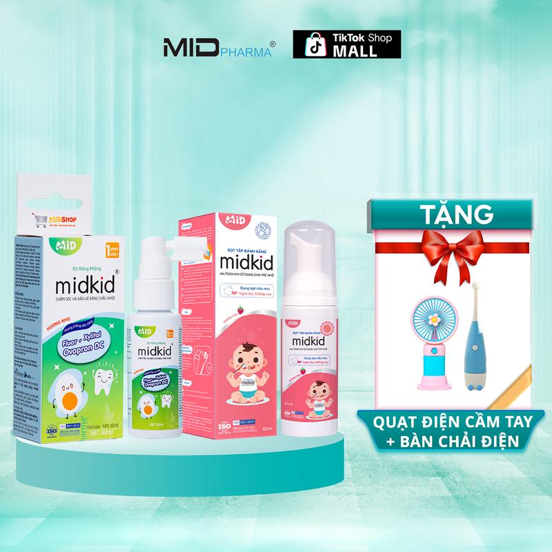 Midkid x LongChun - Combo 1 hộp xịt chống sâu răng Midkid + 1 Bọt tập đánh răng Midkid cho bé từ 1 tuổi - Tặng Bàn chải điện + Quạt điện mini cầm tay