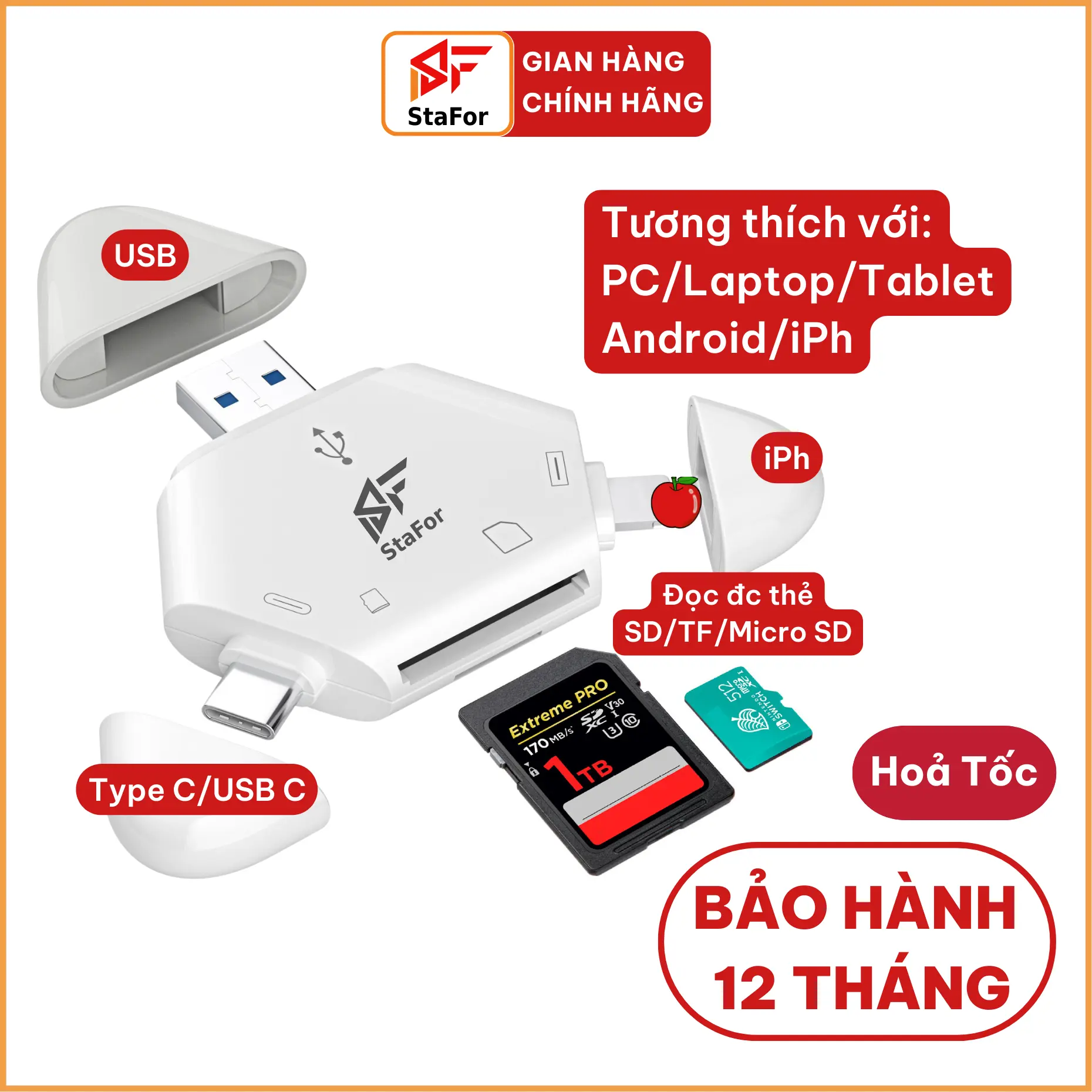 Đầu đọc thẻ nhớ đa năng SD/TF cho điện thoại, laptop, PC. Cổng kết nối Type C, USB, Lightning, Micrio USB. Adapter cho thẻ nhớ, bộ đọc thẻ nhớ.