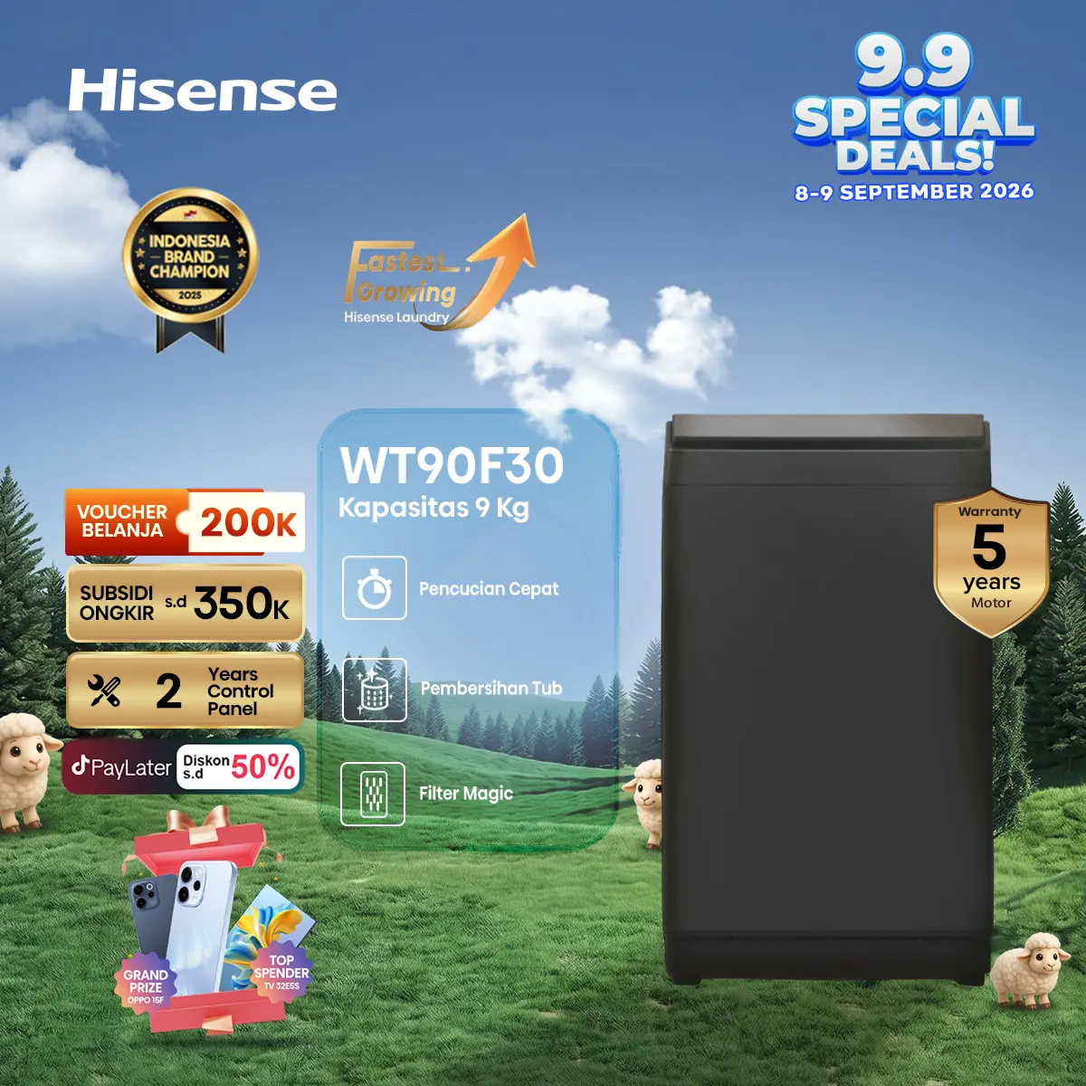 Hisense-WT90F30-9KG 1 Tabung-Pencucian AI-Mode Otomatis-Pencucian Busa