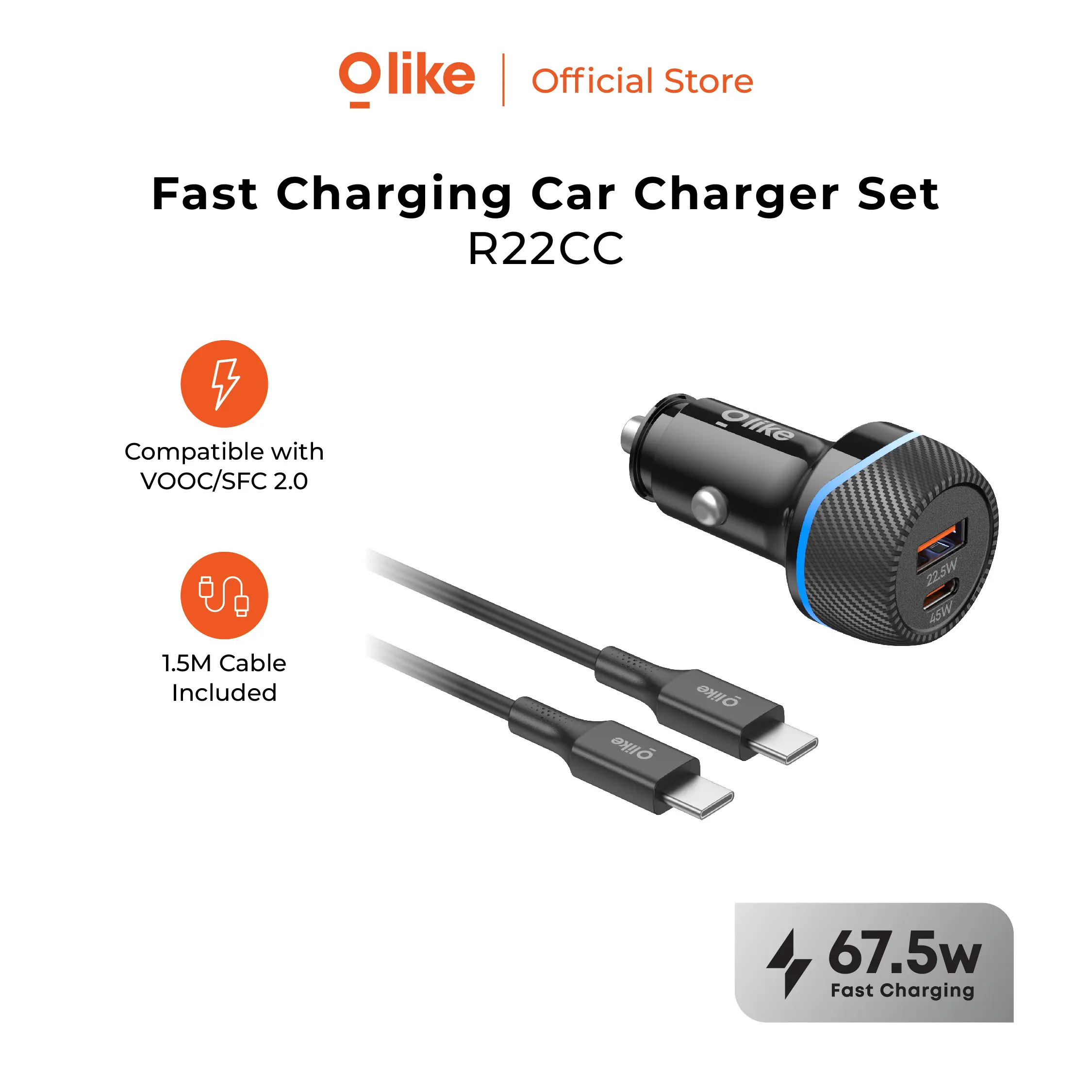 [NEW PRODUCT] Olike R22CC Car Charger Set 67.5W Fast Charging | USB-A + USB-C PD | Kabel USB-C to USB-C 1.5M | VOOC & SFC 2.0 Compatible | Charger Mobil | Garansi Resmi 12 Bulan