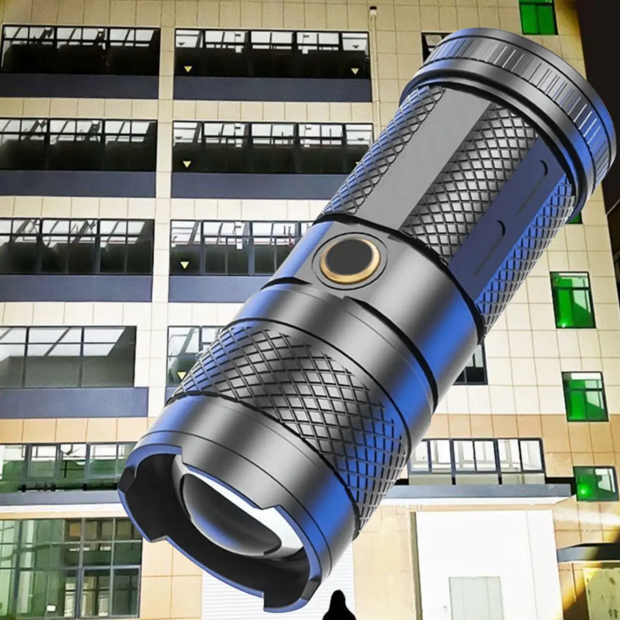 Super bright LED rechargeable 9 modes zoom waterproof white red blue taillights emergency flashlight  Outdoor camping hiking fishing maintenance warning flashlight  Portable lighting