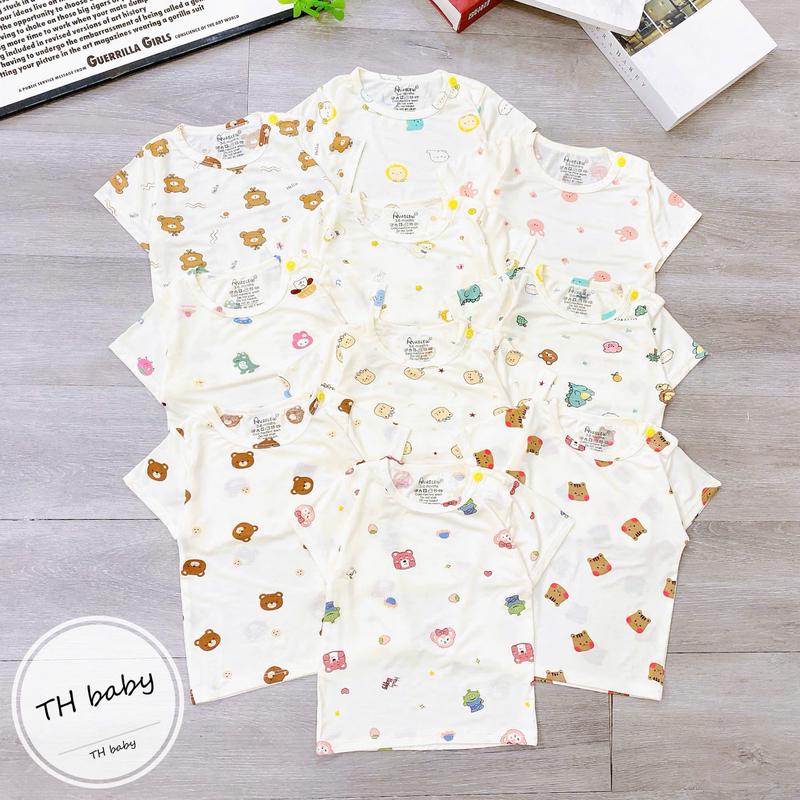 Áo ngắn tay thun lạnh peptit nền kem cho bé 4 đến 14kg