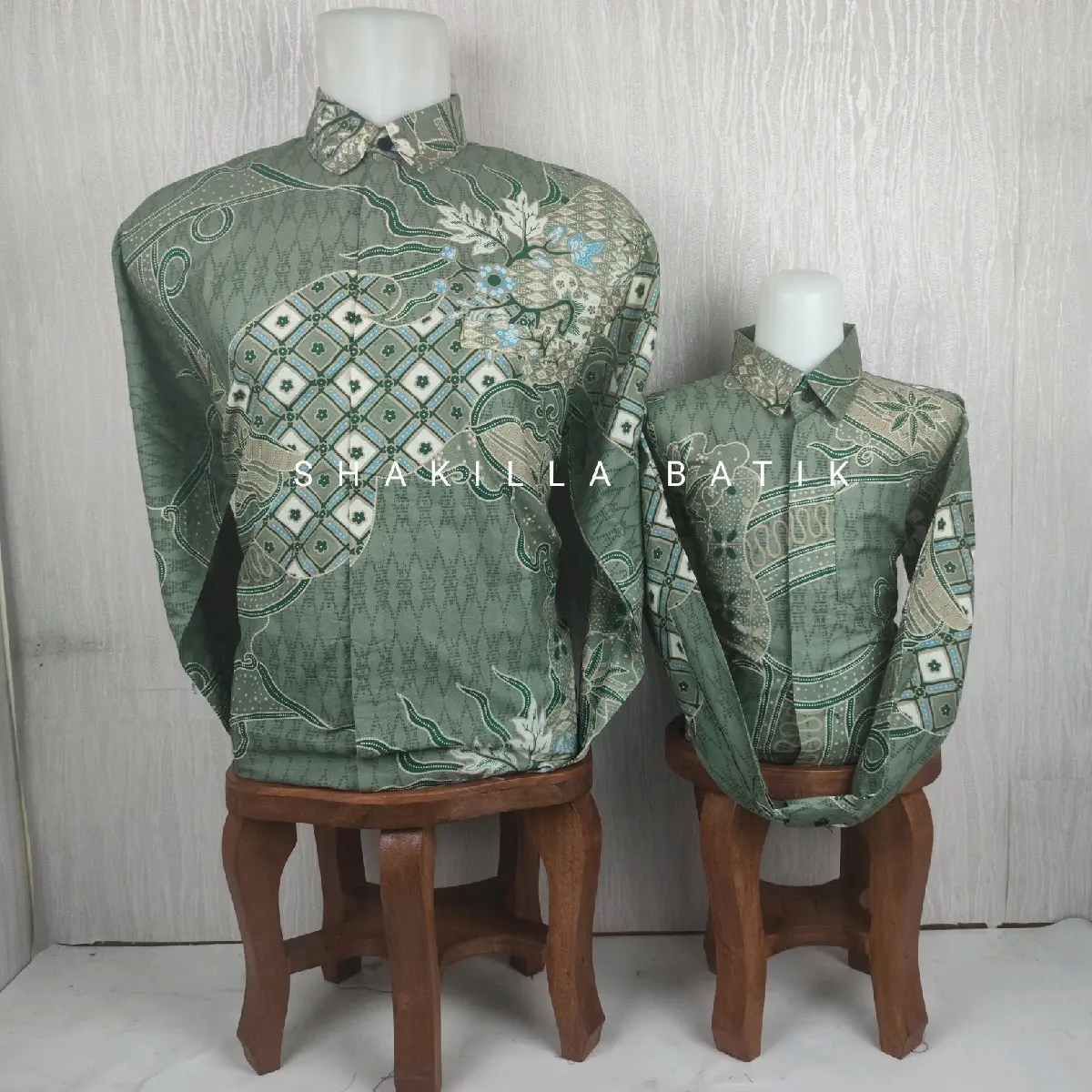 SH74.Kemeja Batik Pasangan Ayah Anak Lengan Panjang Pendek Warna Sage Terbaru bahan katun premium