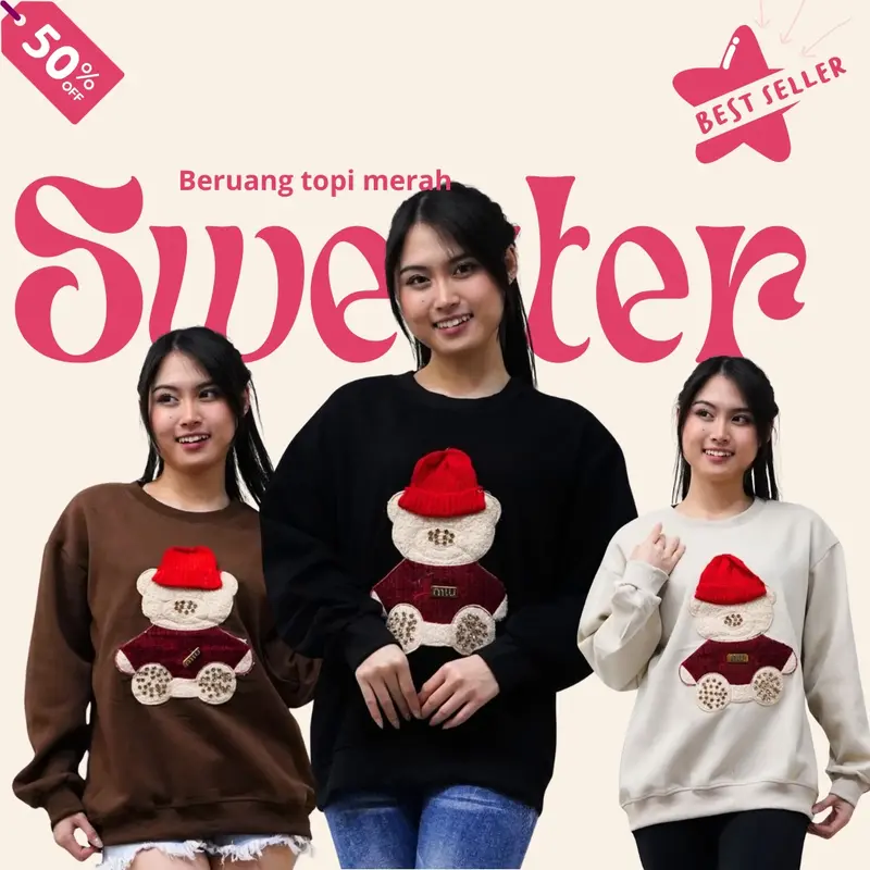 SWEATER BERUANG TOPI MERAH SWEATER SKENA WANITA ATASAN IMPORT BANGKOK BORDIR FLECCE TEBAL FASHION KOREAN STYLE CASUAL LONG SLEEVE HIJAB FRIENDLY CREWNECK SWEATSHIRT CEWEK BASIC FLEECE PANJANG NYAMAN SANTAI sweater fuji Kaos Kerah Oblong Oversize Baju 1