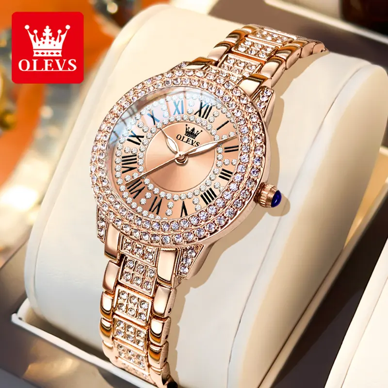 【1-year warranty】OLEVS Đồng hồ nữ chính hãng chống nước thời trang kim cương chữ số La Mã với hộp 9943 Voi Watch