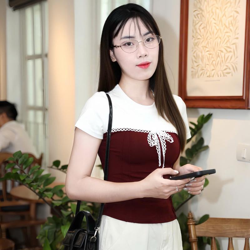 [ Hàng Mới Về ] Áo Thun Ngắn Tay Cổ Tròn Dây Đeo Thắt Nơ, Chất Liệu Thun Cotton Nguyên Chất, Dành Cho Nữ, Ôm Sát