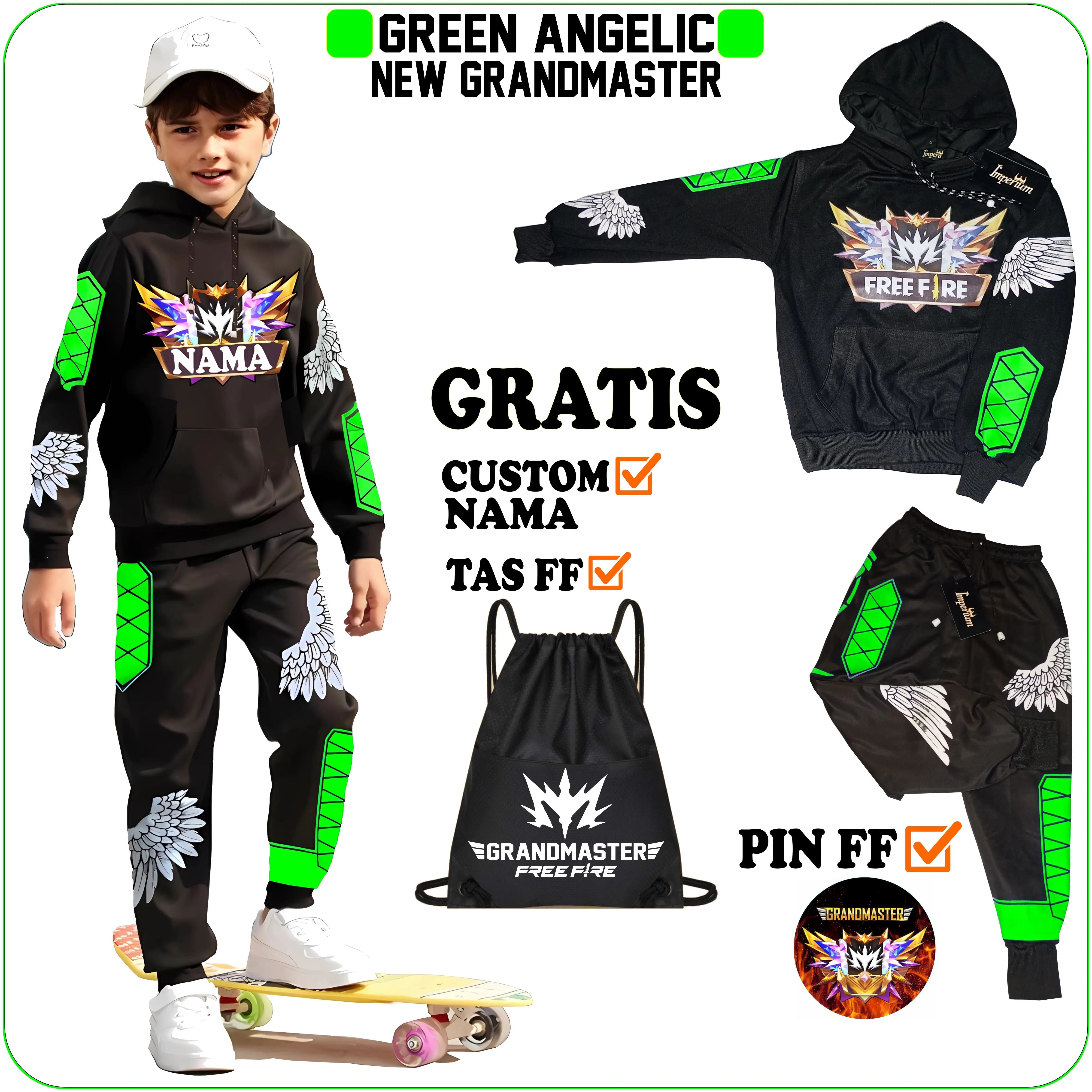 IMPERIUMKIDZ Setelan Baju Anak Celana FF Angel Jaket Free Fire Grandmaster Usia 6-14 Tahun - Fashion