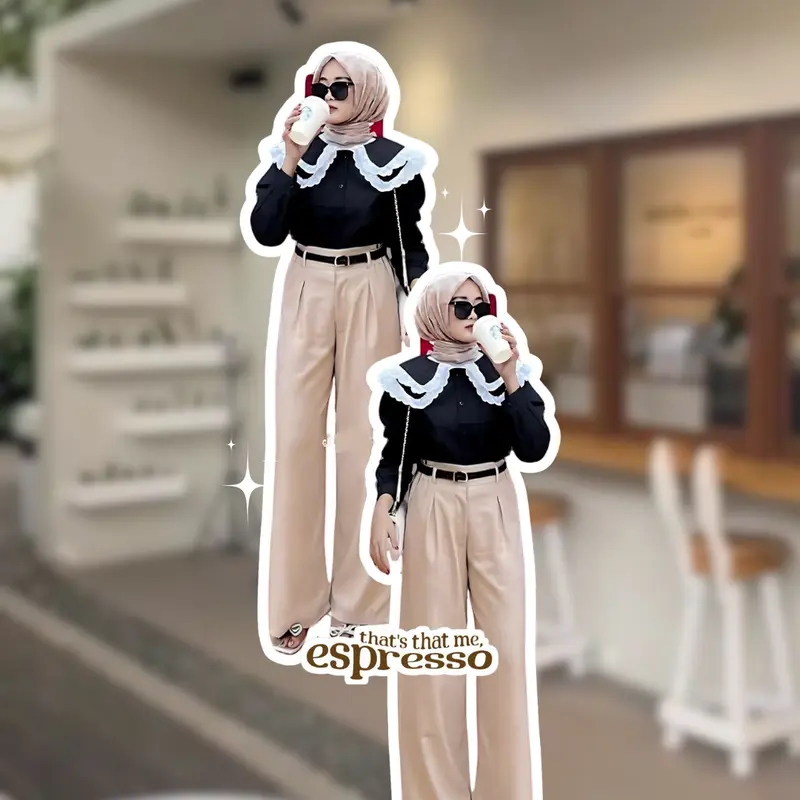 Outfit Set Wanita Korean Style 3in1 Blouse Hitam Set Rok Mokka SET AG133 Baju Celana Crinkle Setelan Atasan Casual Katun Kerja Remaja Simple 1