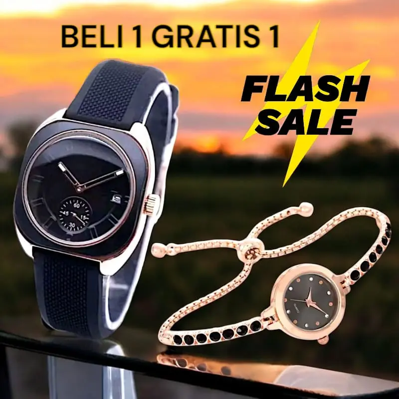 PROMO BELI 1 GRATIS 1 Jam Tangan Wanita Segi Terbaru Tali Rubber Free Jam Gelang Serut Analog Watches 3