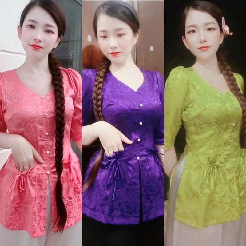 Bộ bà ba nữ, áo gấm , cổ tim, 2 túi tiền, tay lỡ, dây khóa kéo sau lưng