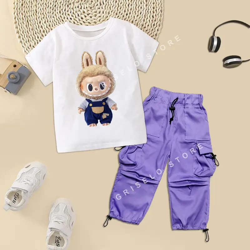 One Set Setelan Anak Perempuan Yoona Cargo Pants dan Kaos Karakter Lucu Usia 1-13 Tahun Unisex 3