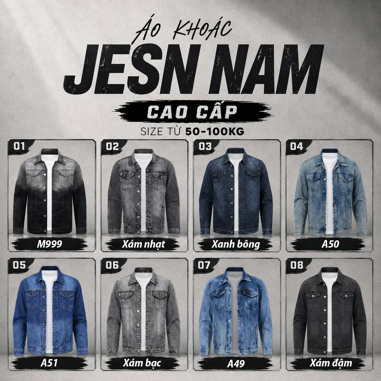Áo khoác Jeans Nam cao cấp chất liệu vải jeans cotton size từ 50-90kg