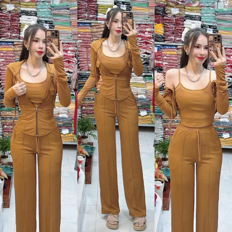 Mã C223 Sét Áo Dây Kéo Tay Dài Quần Suôn Thun Gân Tăm Lạnh (Có Kèm Áo 2 dây) dài 99-100