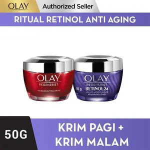 Olay Regenerist Moisturiser Wajah Micro Sculpting Day Cream + Retinol 24 Night Cream 50g Anti Aging - [Tandem]