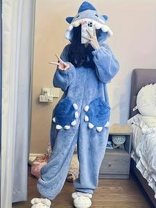 1枚 女性用かわいいカートゥーンシャークフーディー、ユニコーンデザインの冬の仮装パーティー用ロンパース、クリスマスパーティーカジュアルとパジャマ