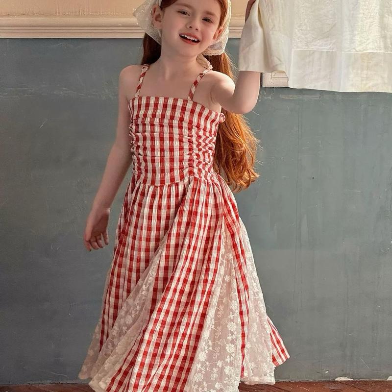  MỘC BABY STORE -Váy hai dây maxi sọc caro đỏ hàng cao cấp tặng kèm khăn ren cho Bé Gái 13-40kg 