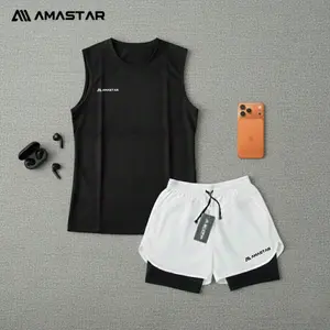 AMASTAR - 2pcs/set Singlet Tanktop low cut,Celana Double Shorts Running Bahan dry fit menyerap keringat