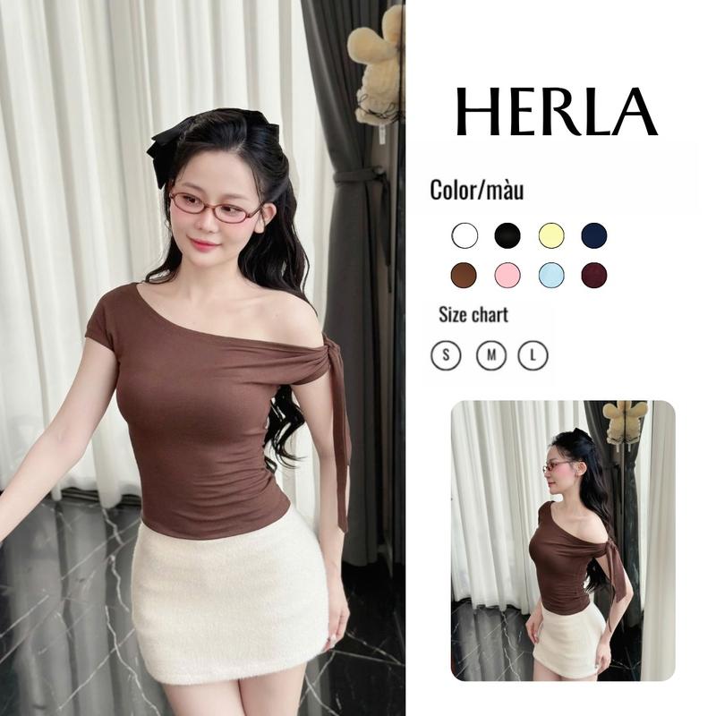 HERLA Áo thun nữ trễ vai chất liệu thun zip ôm body thiết kế thắt nơ vai aophongnu aophongbasic thoitrangnu thoitrangtre outfitnu phongcachhanquoc