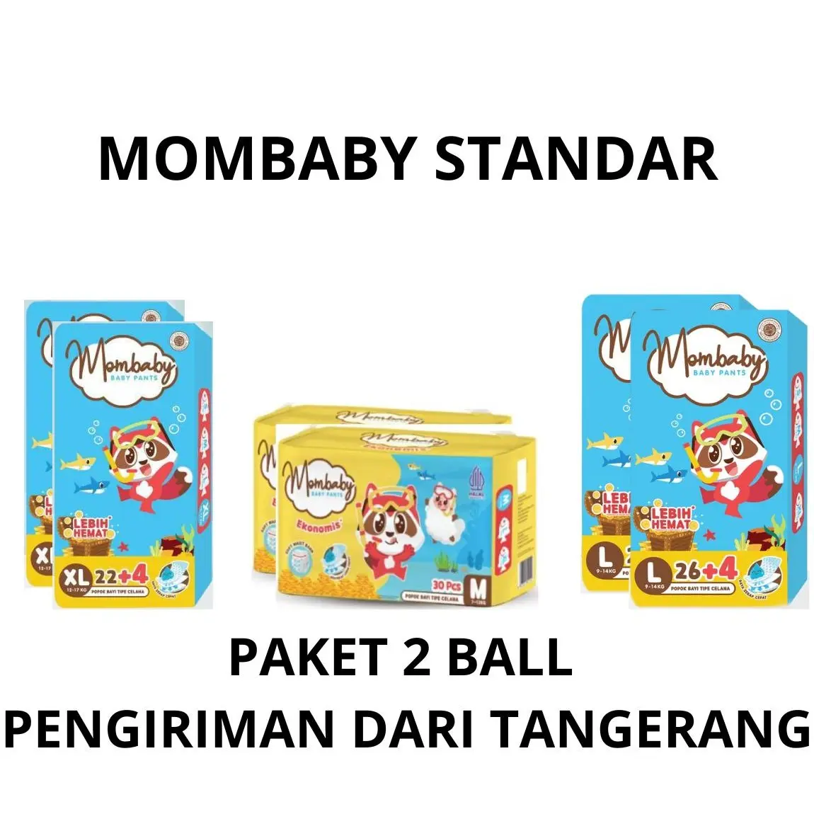 ( PAKET 2 BALL ) Popok Bayi MomBaby Pants Ekonomis M30, L26, XL22 Harga Lebih Hemat