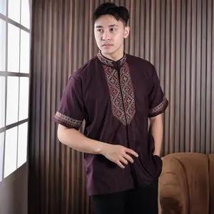 Al-Khaj Baju Koko Muslim Bordir Pria Dewasa Motif Arabic Lengan Pendek