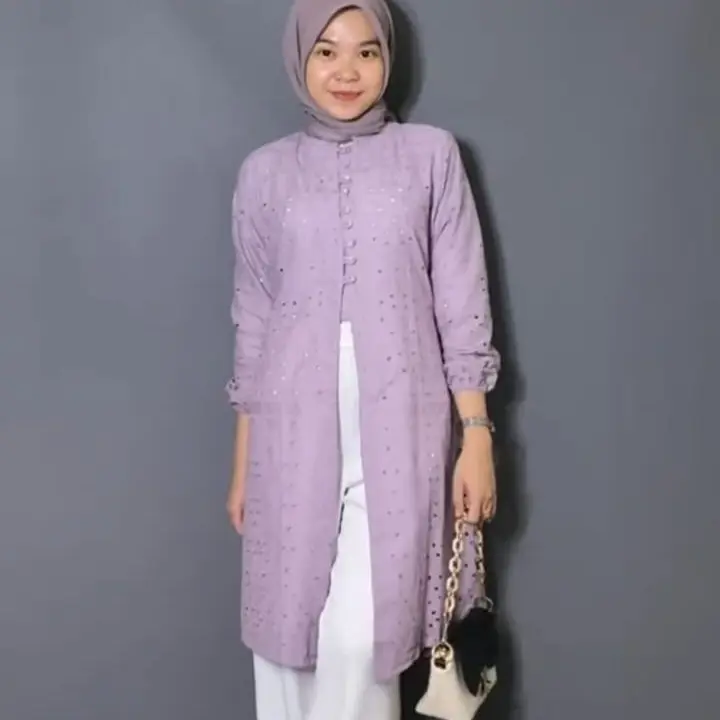 [ LD120 ] Chea Tunik Katun Bordir ( Katbol ) Baju kondangan / Baju Atasan Panjang Wanita Muslim Katun Bolong Kombinasi Kancing Hidup 2