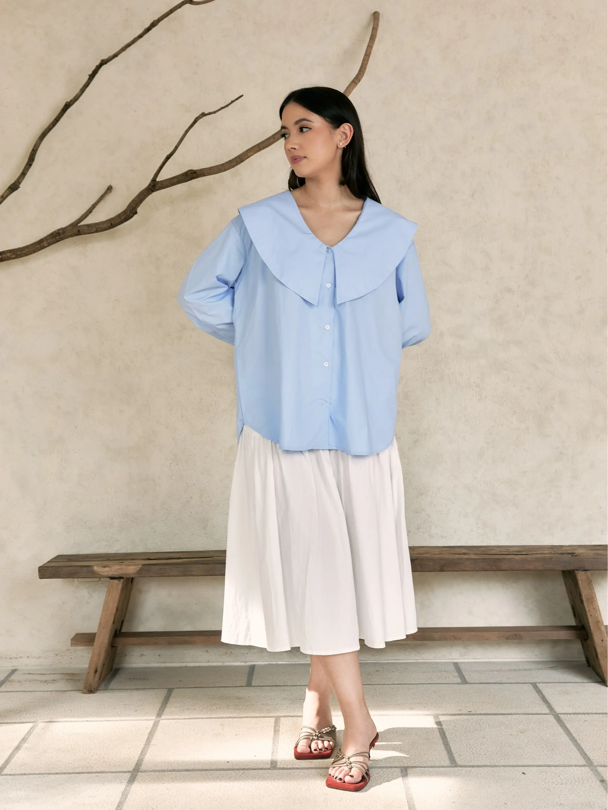 ENCAPSULE - Riviera Top (Blue Oversized Shirt with Statement Collar)