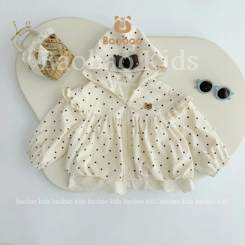 [BAOBAO-sẵn] ÁO KHOÁC CHẤM BI CÓ MŨ GẮN NƠ THÊU GẤU BO CHUN XINH XẮN CHO BÉ GÁI -M572