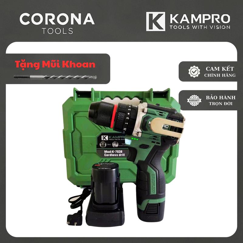 ￼Máy Khoan Pin Kampro K-7038 màu xanh lá, 3 Chức Năng, Đầu Kẹp 10ly Autolock, Động Cơ Không Chổi Than. Bảo Hành 6 Tháng