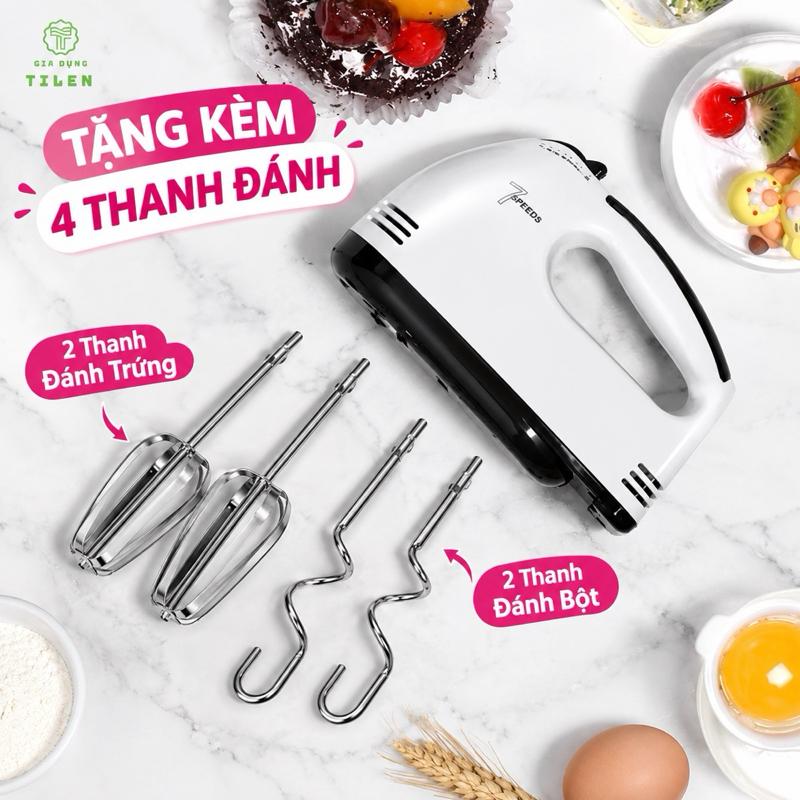 Máy đánh trứng, đánh bột, đánh kem cầm tay 7 tốc độ siêu tiện lợi - Tặng Kèm 4 Thanh: 2Đánh Trứng + 2Đánh Bột